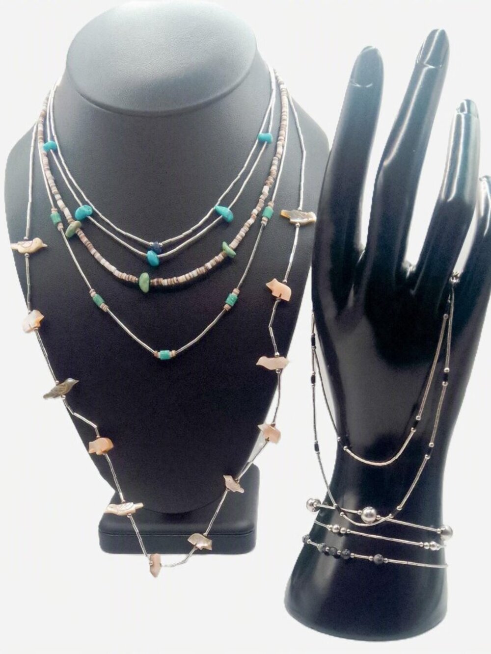 VTG Liquid Silver Turquoise Multi Stone Fetish Necklace Bracelet Anklet 10 Pc
